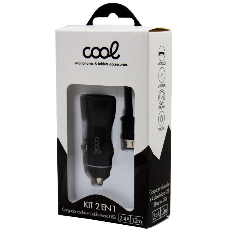 Cargador Coche Cable MicroUsb (2 x Usb) COOL 2.4A Kit 2 en 1 Negro - Image 3